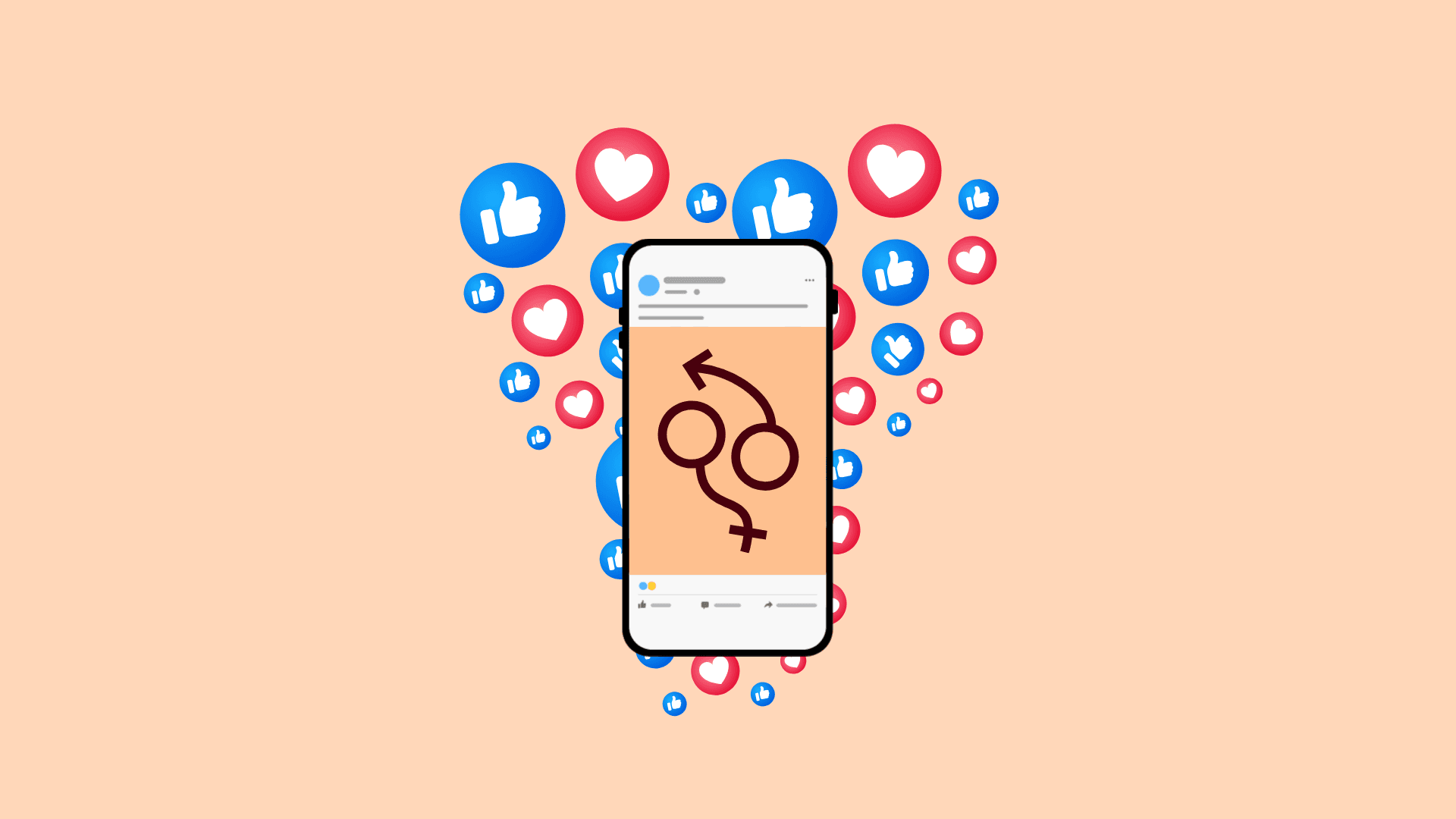 Illustrasjon som viser en telefon, med kjønnssymboler på skjermen. Bakgrunn med typiske reaksjoner i sosialer medier. 