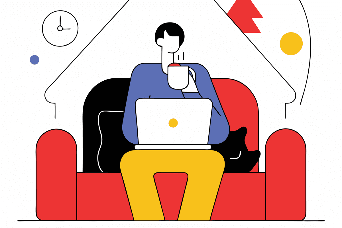  en person med kaffekopp sitter på sofa med pc
