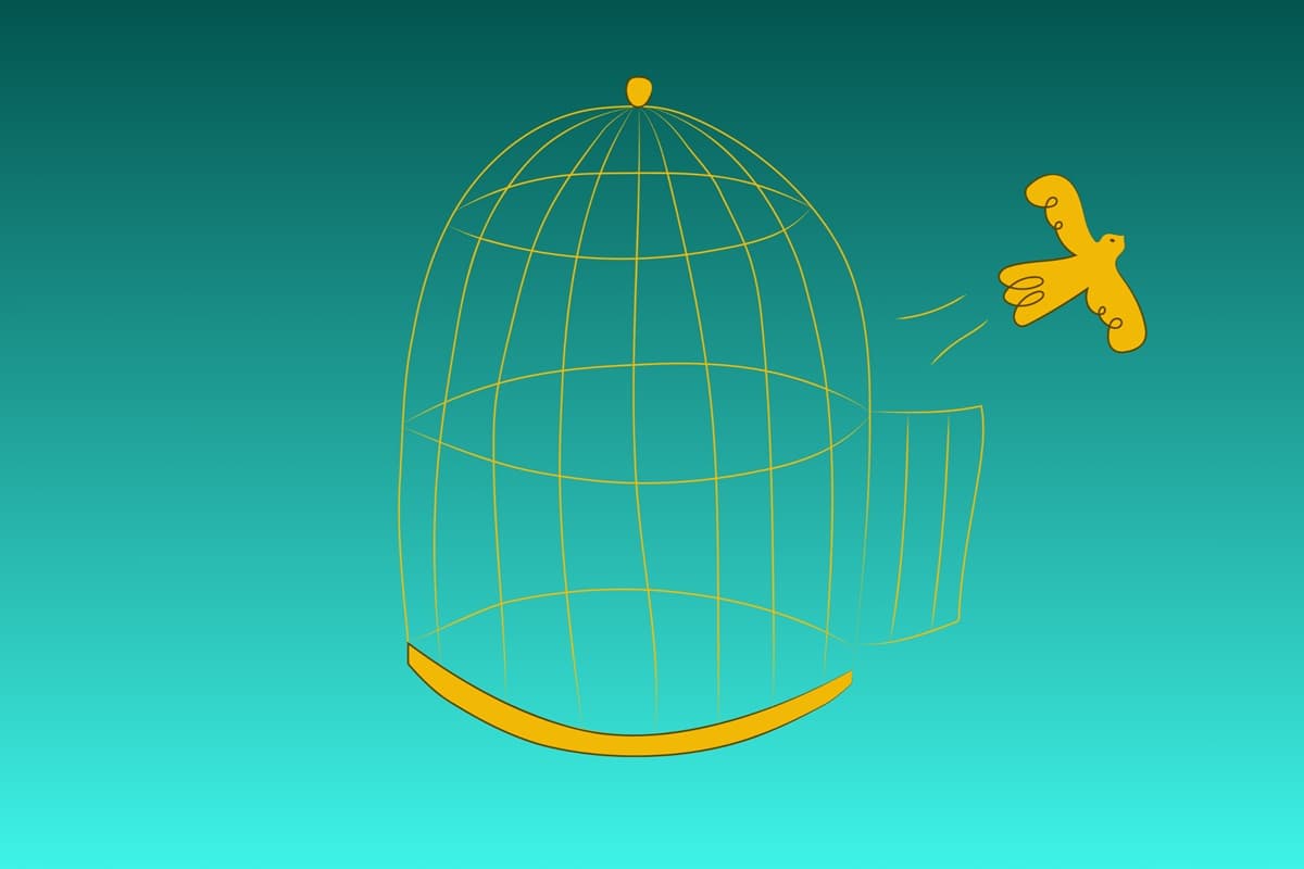 illustrasjon: en fugl som flyr ut av buret