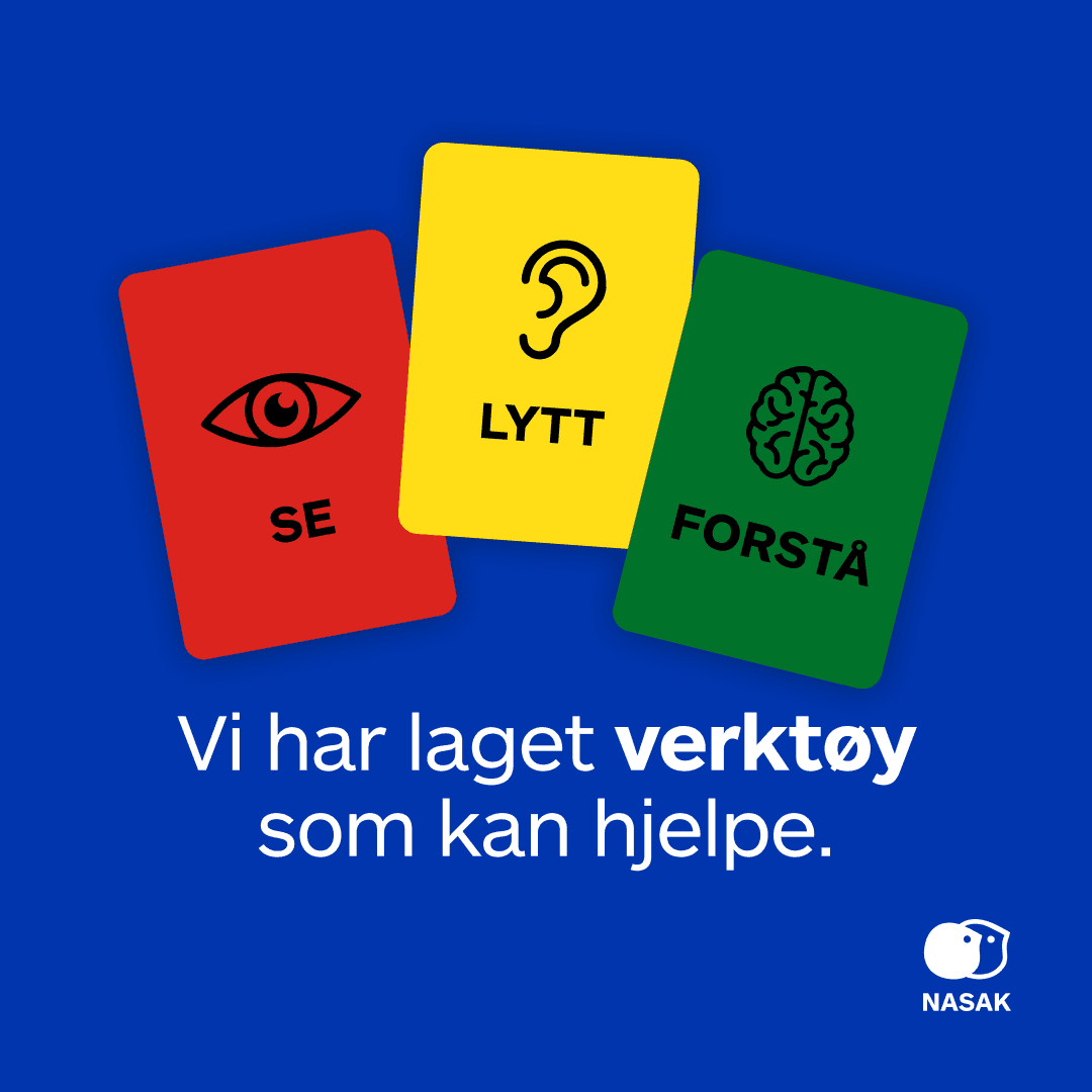 Plakat for NASAKs refleksjonsverktøy: Se, lytt og forstå.(Verktøyene er laget for å styrke faglig dømmekraft og bidra til tillit.)