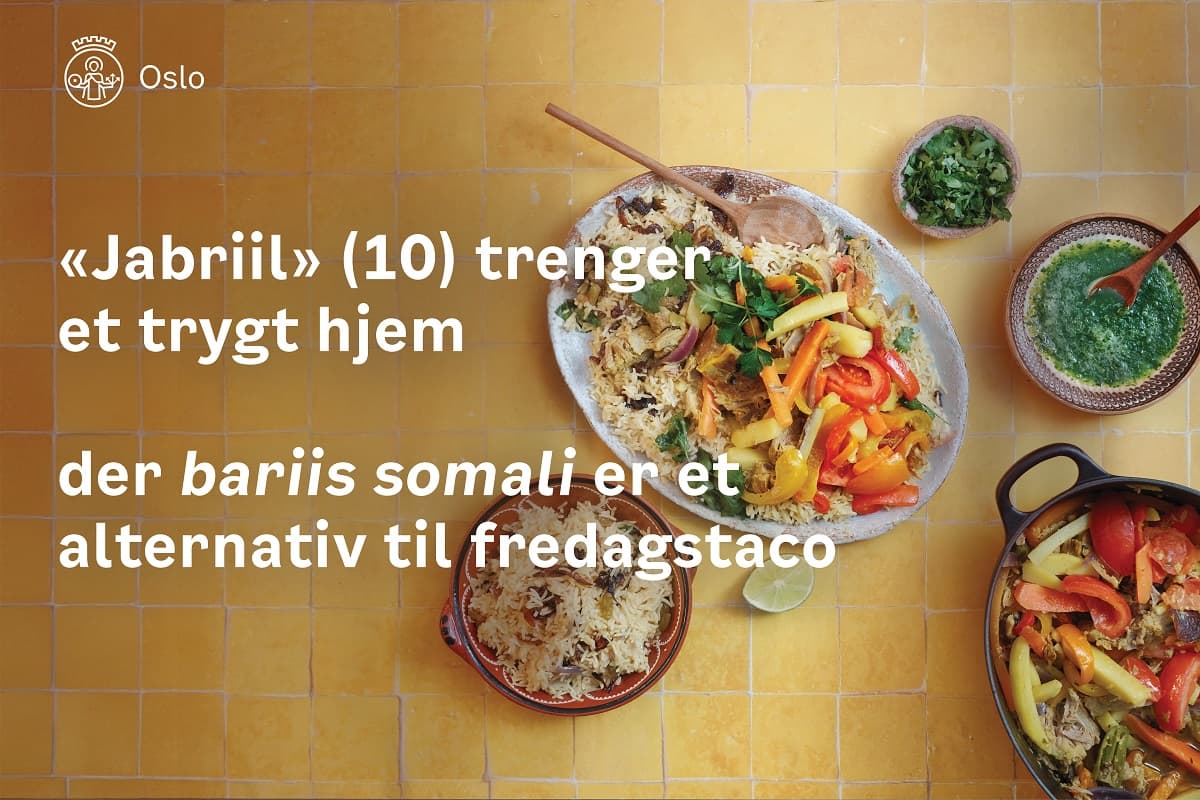 bilde av mat med tekst "Jabriil (10) trenger et trygt hjem der bariis somali er et alternativ til fredagstaco"