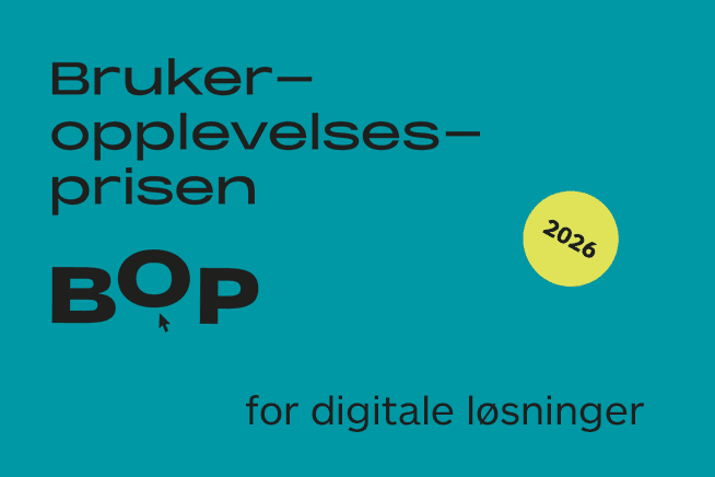 En turkis plakat med teksten "Brukeropplevelsesprisen for digitale løsninger 2026" og forkortelsen BOP