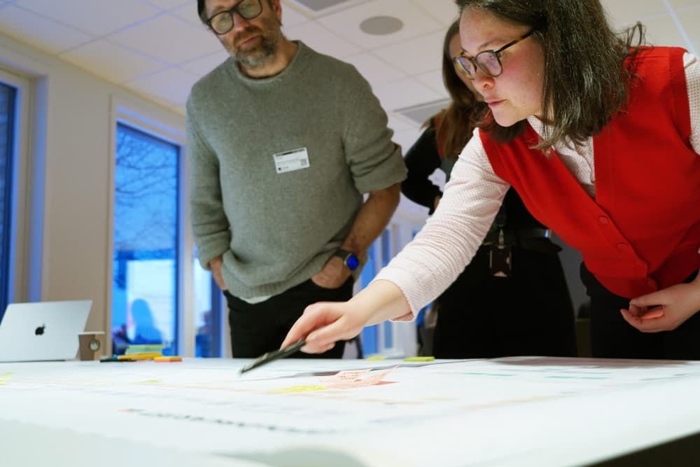 Tre personer står og ser på en stor plakat. Den ene personen peker på noe. Fra workshop i Stimulab-prosjektet.