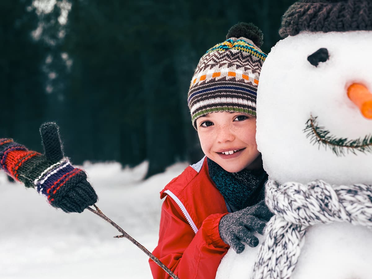 Vinterkledd gutt smiler bak en snømann