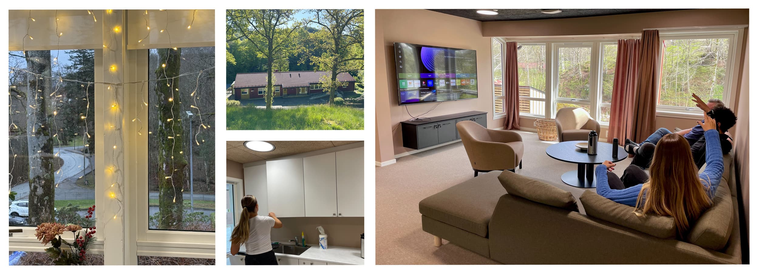 Sammensetning av fire bilder: Julelys i vindu, dame som lukker kjøkkenskap, mennesker sitter i sofagruppe og utsiden av et rødt bygg