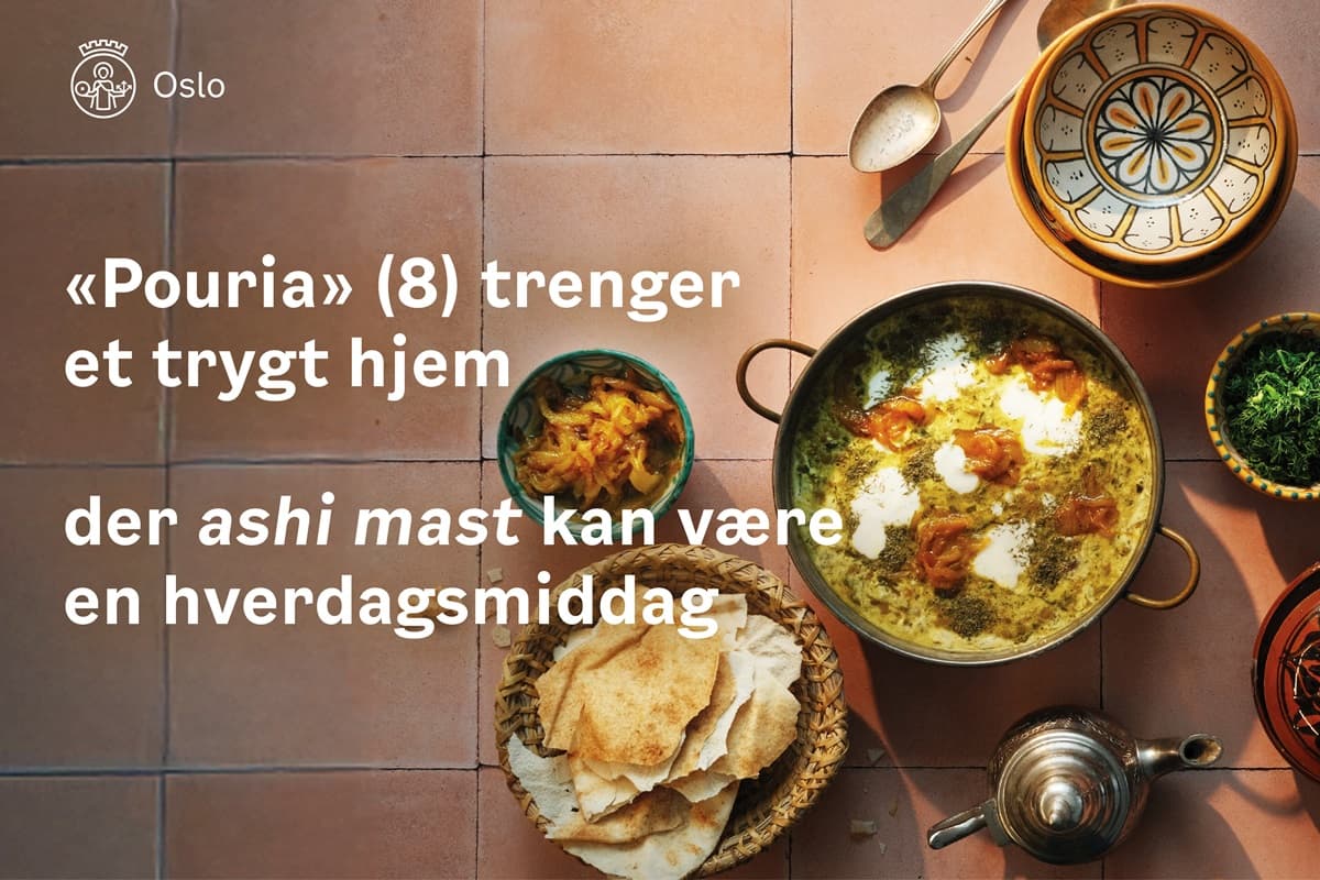 Bilde av en matrett med tekst "Pouria (8) trenger et trygt hjem der ashi mast kan være en hverdagsmiddag