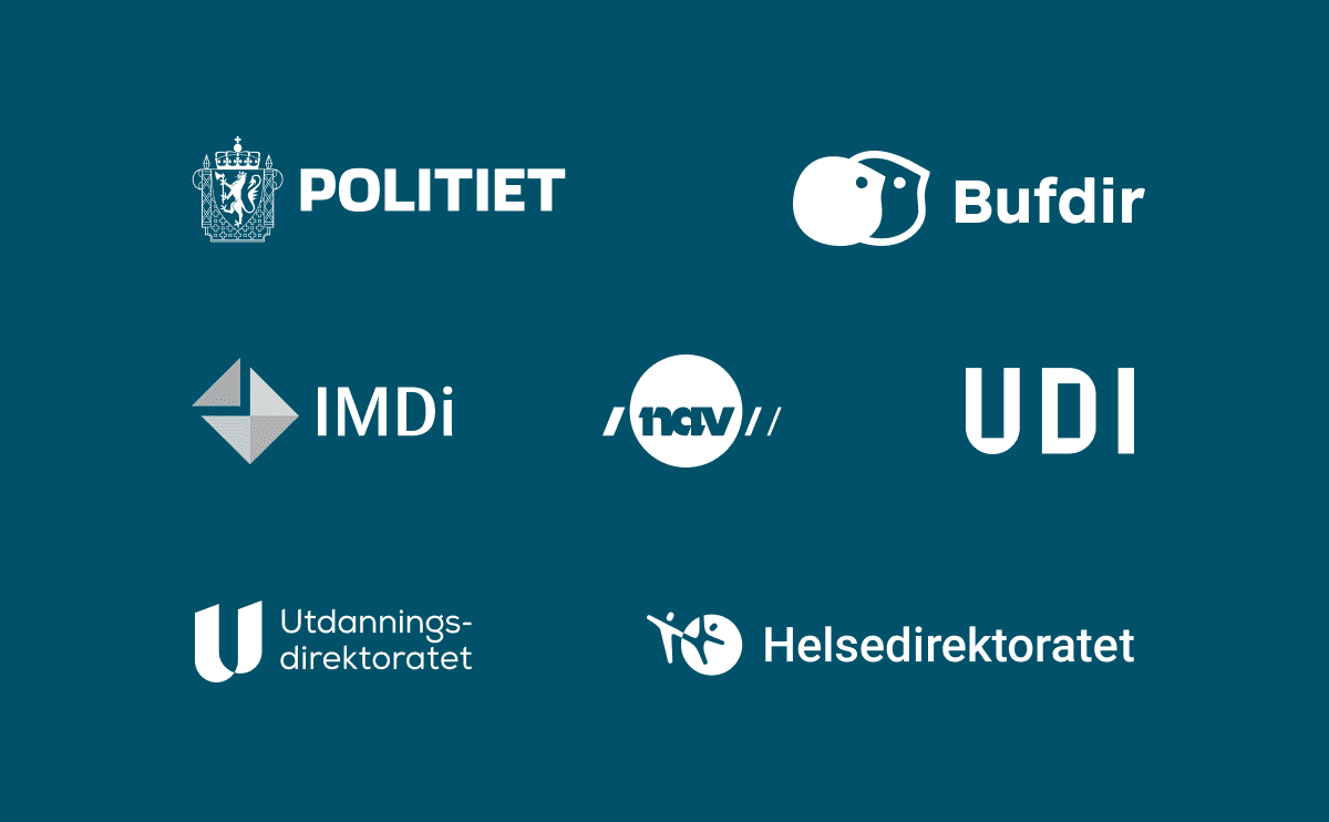 Logoene til aktørene i Kompetanseteamet: POD, Bufdir, iMDI, Nav, UDI, Udir, Hdir