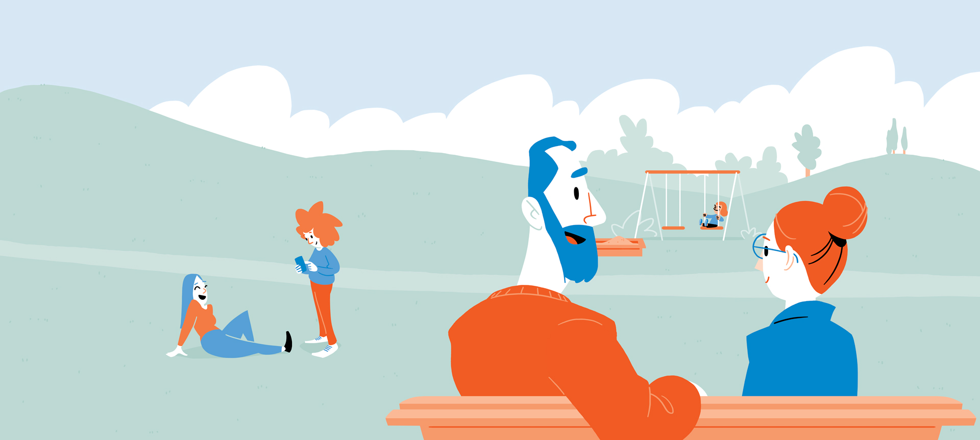 Illustration: A couple sitting in a park, children playing in the background