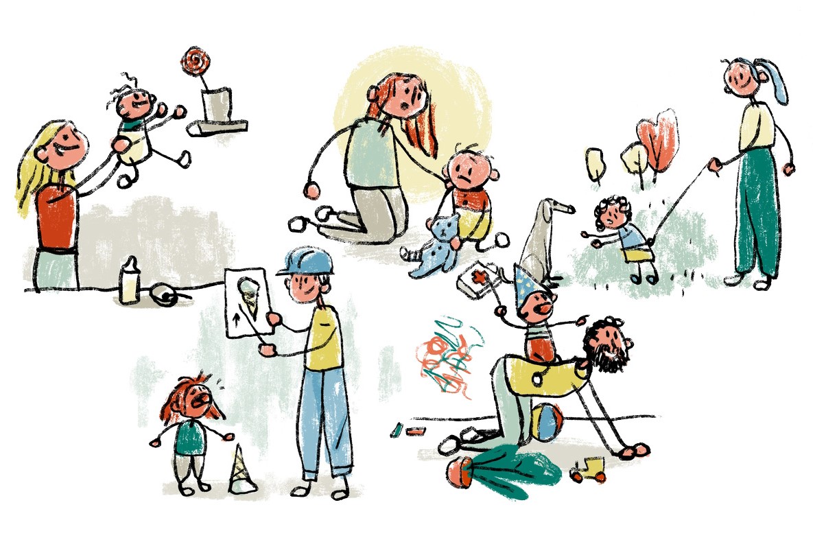 five parents with their children facing challenges in everyday life. illustration